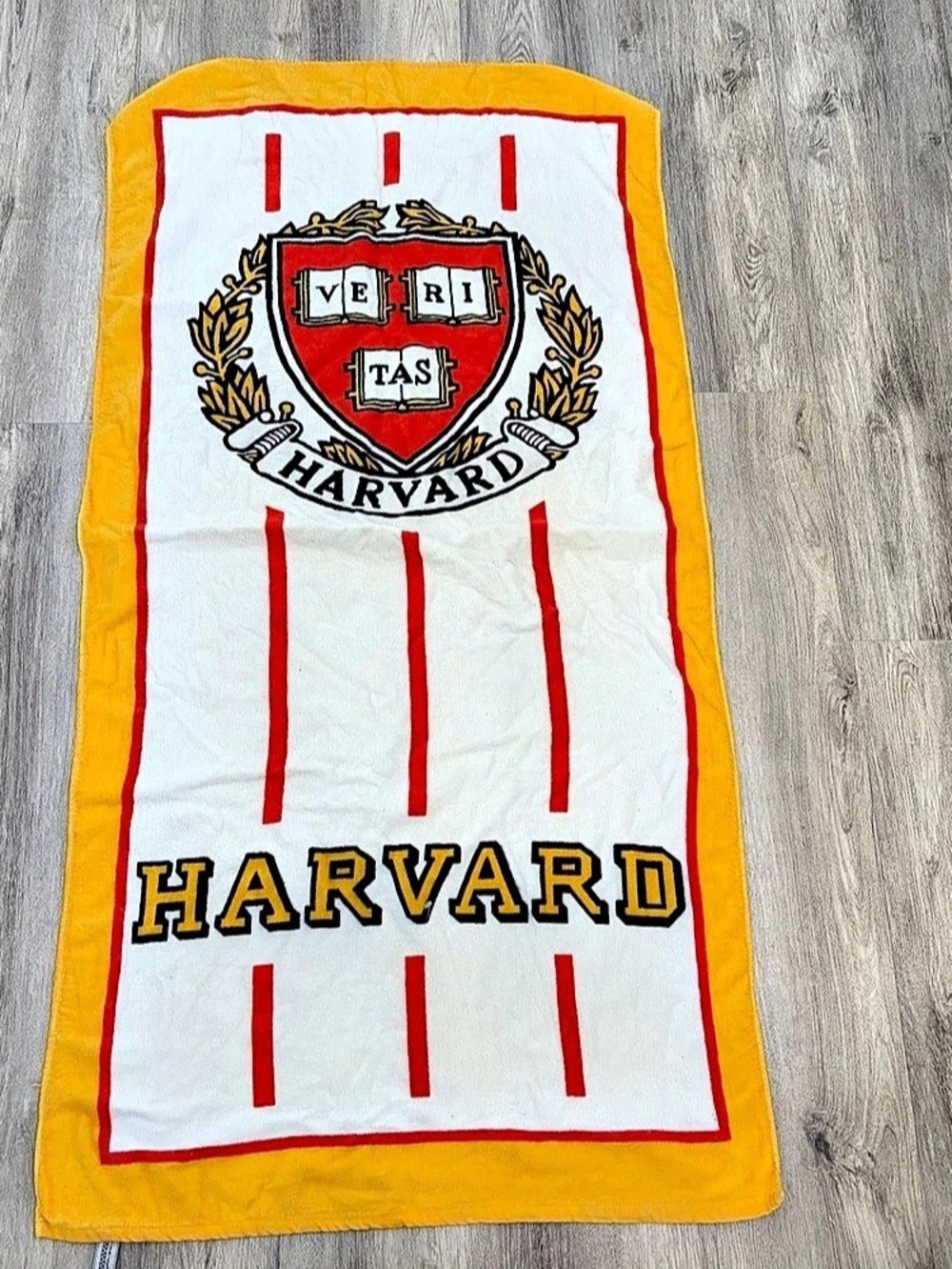 vintage Harvard University beach towel Yellow, Red White Crest Ve Ri Tas cotton